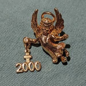 Vintage Millennial 2000 Dangle Guardian Angel Gold Tone Clear Crystal Pin